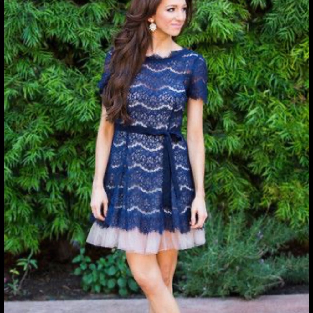 Modcloth Dress with blush bodice and Navy Lace Overlay